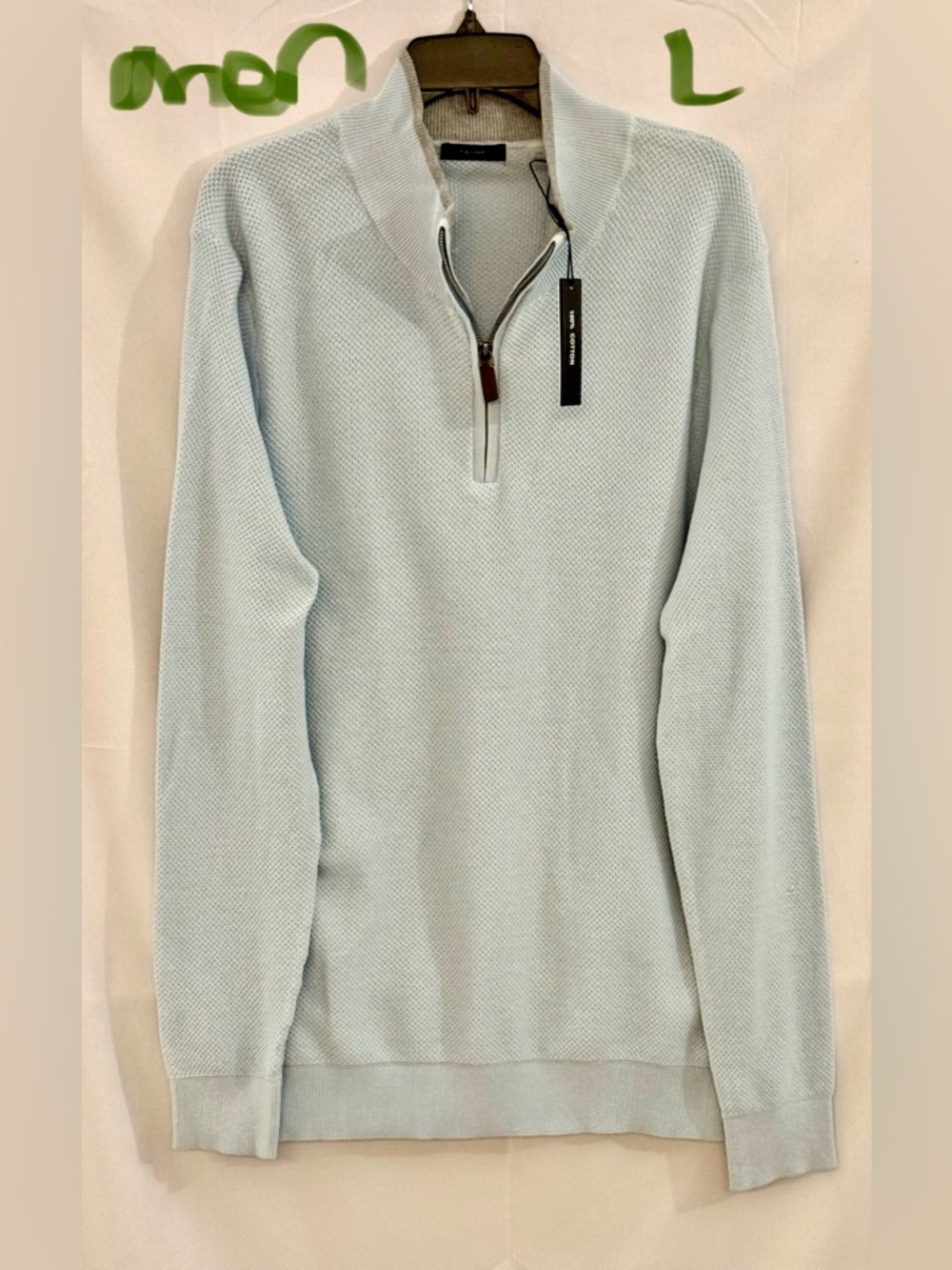 Tahari Pale Blue Half-Zip Textured Knit Sweater
